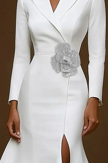 White Mermaid Notched Lapel Midi Work Dress With Slit
